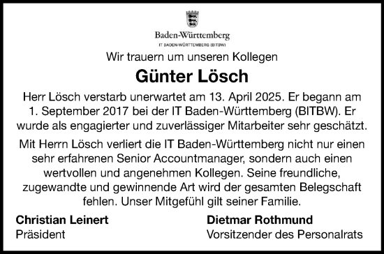 Traueranzeige von Günter Lösch von Stuttgarter Zeitung / Stuttgarter Nachrichten