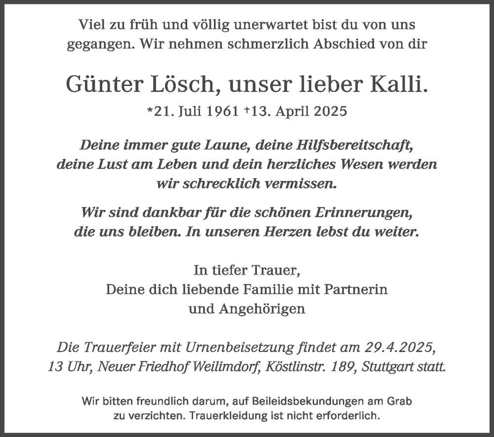  Traueranzeige für Günter Lösch vom 26.04.2025 aus Stuttgarter Zeitung / Stuttgarter Nachrichten