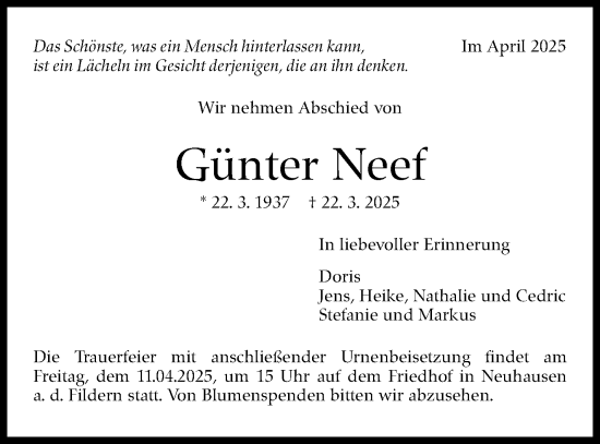 Traueranzeige von Günter Neef von Stuttgarter Zeitung / Stuttgarter Nachrichten