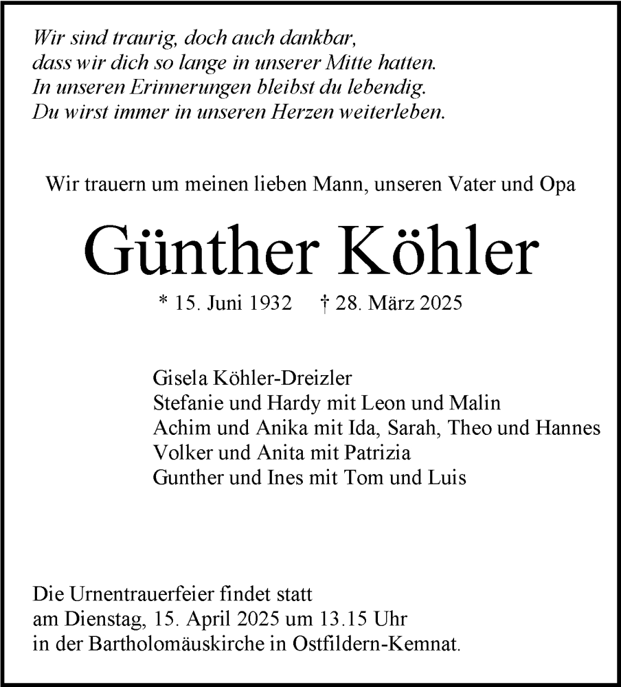  Traueranzeige für Günther Köhler vom 05.04.2025 aus Stuttgarter Zeitung / Stuttgarter Nachrichten