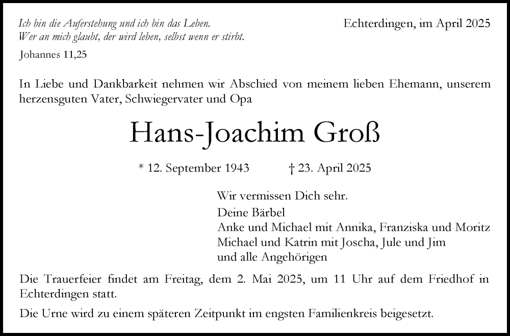  Traueranzeige für Hans-Joachim Groß vom 28.04.2025 aus Stuttgarter Zeitung / Stuttgarter Nachrichten
