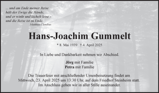 Traueranzeige von Hans-Joachim Gummelt von Stuttgarter Zeitung / Stuttgarter Nachrichten