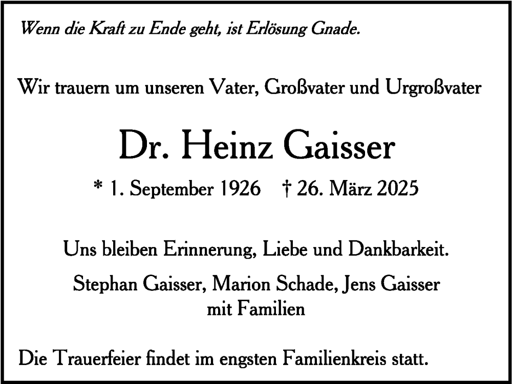  Traueranzeige für Heinz Gaisser vom 05.04.2025 aus Stuttgarter Zeitung / Stuttgarter Nachrichten