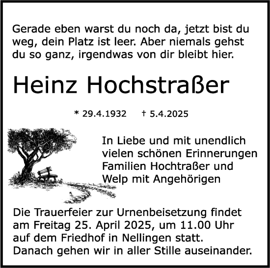 Traueranzeige von Heinz Hochstraßer von Stuttgarter Zeitung / Stuttgarter Nachrichten