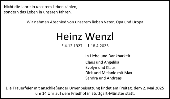 Traueranzeige von Heinz Wenzl von Stuttgarter Zeitung / Stuttgarter Nachrichten