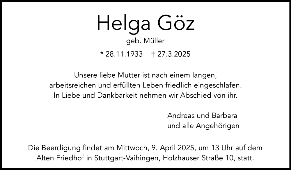  Traueranzeige für Helga Göz vom 05.04.2025 aus Stuttgarter Zeitung / Stuttgarter Nachrichten