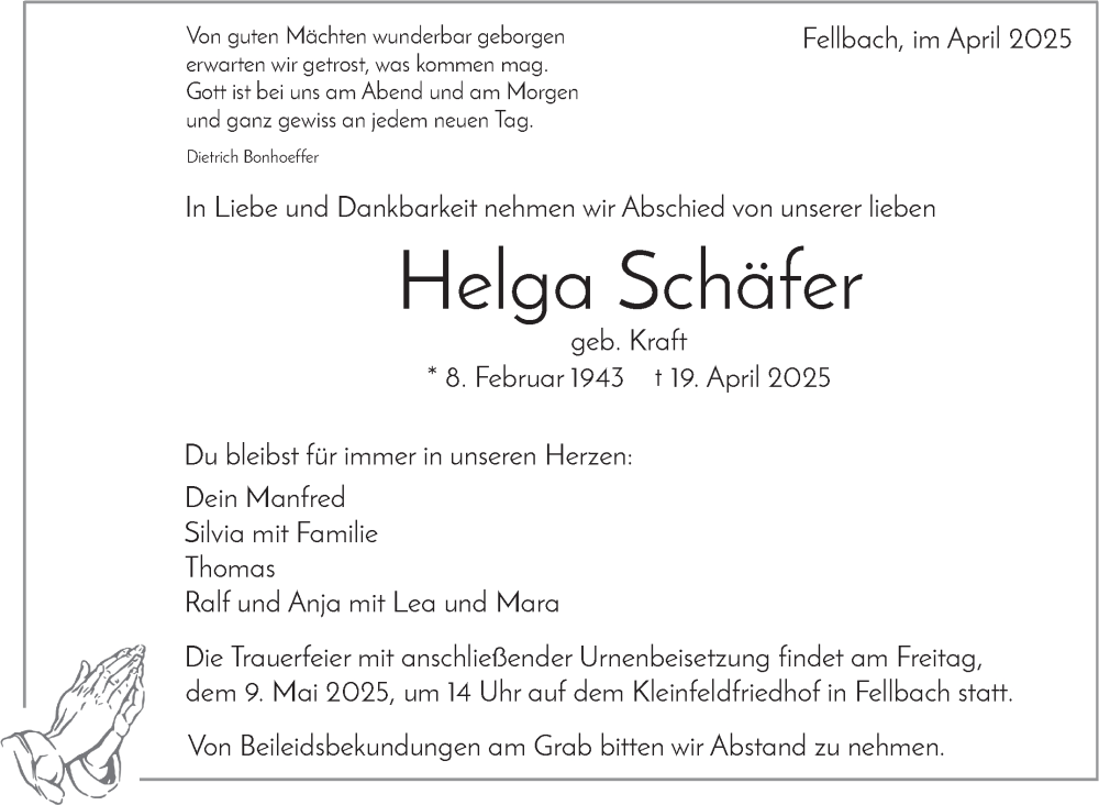  Traueranzeige für Helga Schäfer vom 30.04.2025 aus Stuttgarter Zeitung / Stuttgarter Nachrichten