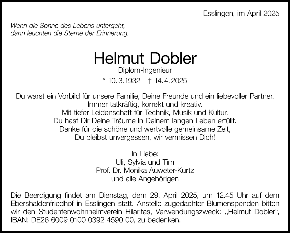  Traueranzeige für Helmut Dobler vom 19.04.2025 aus Stuttgarter Zeitung / Stuttgarter Nachrichten
