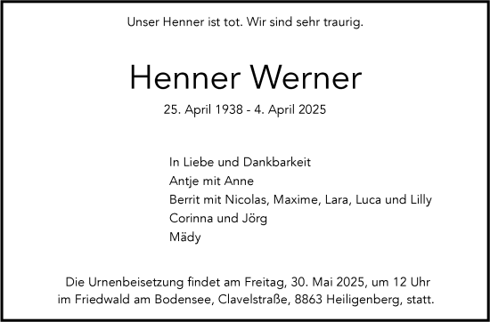 Traueranzeige von Henner Werner von Stuttgarter Zeitung / Stuttgarter Nachrichten