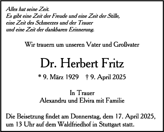 Traueranzeige von Herbert Fritz von Stuttgarter Zeitung / Stuttgarter Nachrichten
