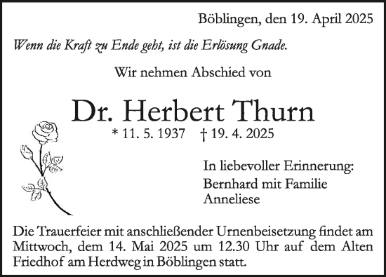 Traueranzeige von Herbert Thurn von Stuttgarter Zeitung / Stuttgarter Nachrichten