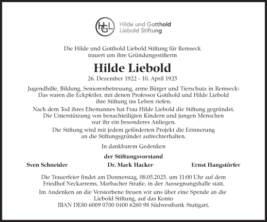 Traueranzeige von Hilde Liebold von Stuttgarter Zeitung / Stuttgarter Nachrichten
