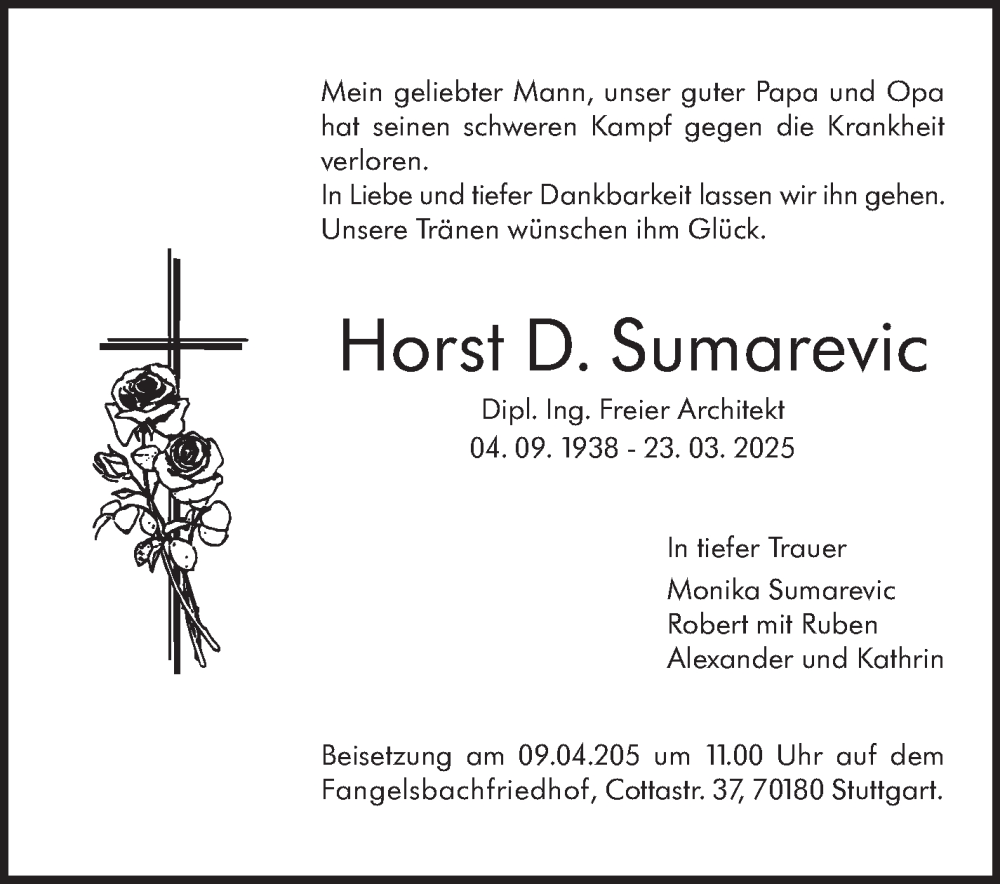  Traueranzeige für Horst D. Sumarevic vom 05.04.2025 aus Stuttgarter Zeitung / Stuttgarter Nachrichten