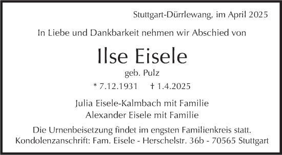 Traueranzeige von Ilse Eisele von Stuttgarter Zeitung / Stuttgarter Nachrichten