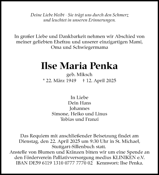 Traueranzeige von Ilse Maria Penka von Stuttgarter Zeitung / Stuttgarter Nachrichten
