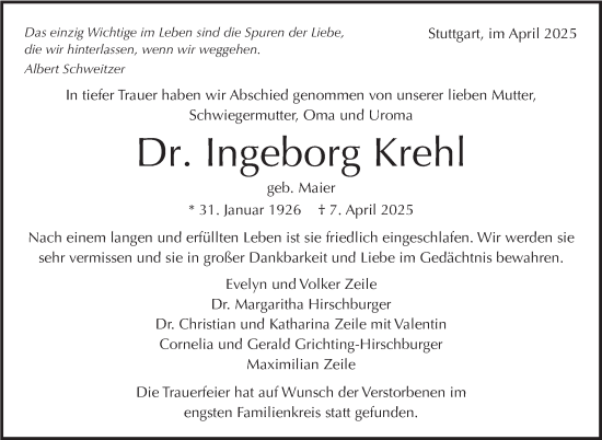 Traueranzeige von Ingeborg Krehl von Stuttgarter Zeitung / Stuttgarter Nachrichten