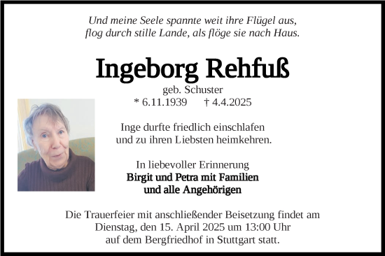 Traueranzeige von Ingeborg Rehfuß von Stuttgarter Zeitung / Stuttgarter Nachrichten