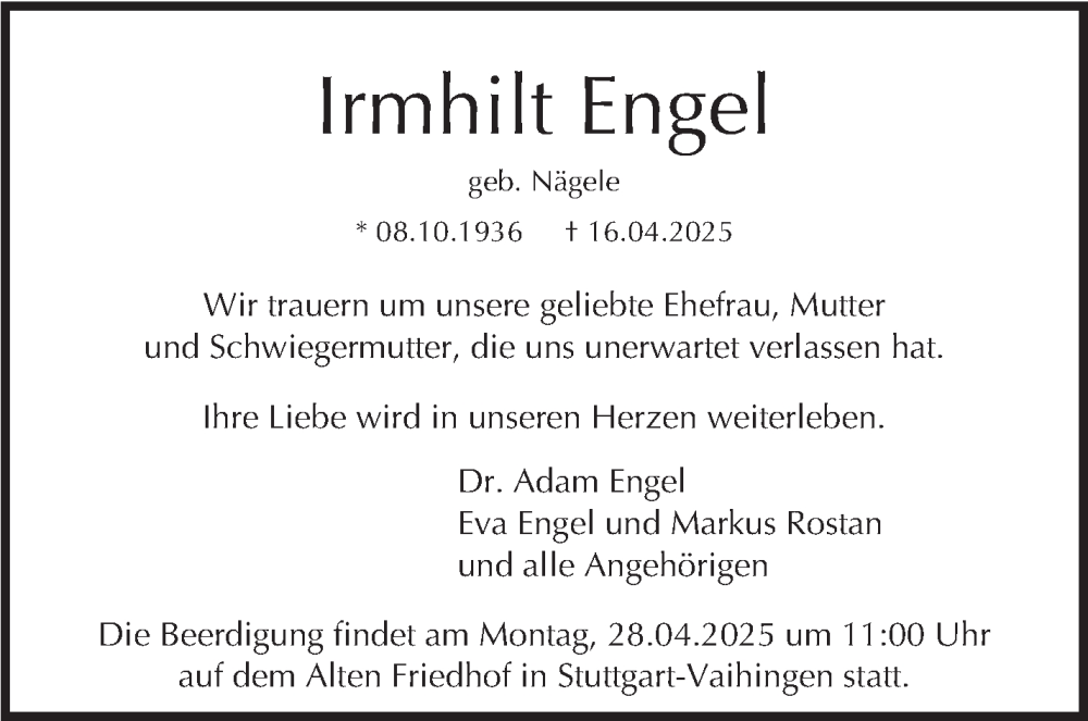  Traueranzeige für Irmhilt Engel vom 25.04.2025 aus Stuttgarter Zeitung / Stuttgarter Nachrichten