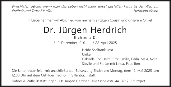 Traueranzeige von Jürgen Herdrich von Stuttgarter Zeitung / Stuttgarter Nachrichten