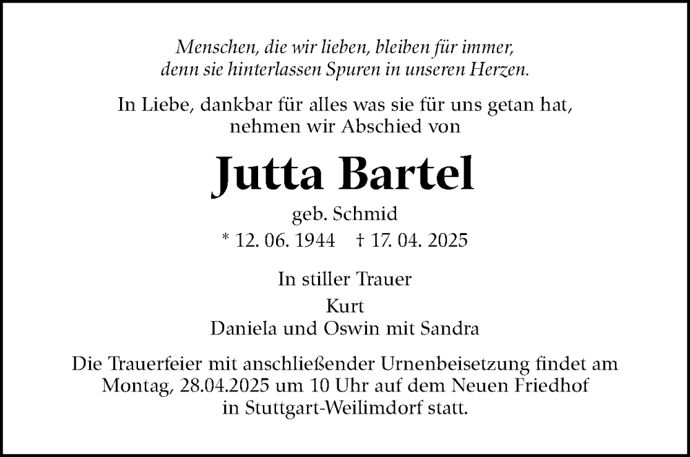  Traueranzeige für Jutta Bartel vom 26.04.2025 aus Stuttgarter Zeitung / Stuttgarter Nachrichten