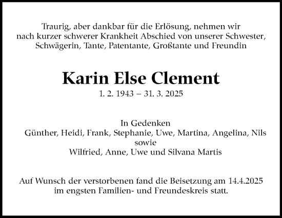 Traueranzeige von Karin Else Clement von Stuttgarter Zeitung / Stuttgarter Nachrichten