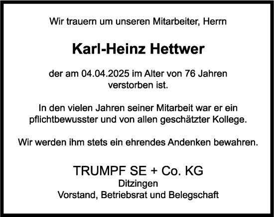 Traueranzeige von Karl-Heinz Hettwer von Stuttgarter Zeitung / Stuttgarter Nachrichten