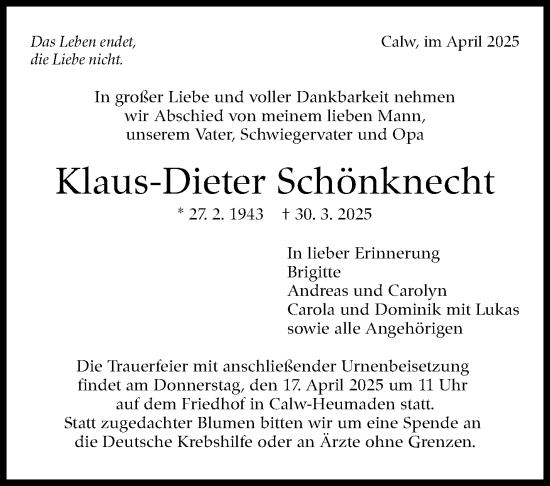 Traueranzeige von Klaus-Dieter Schönknecht von Stuttgarter Zeitung / Stuttgarter Nachrichten