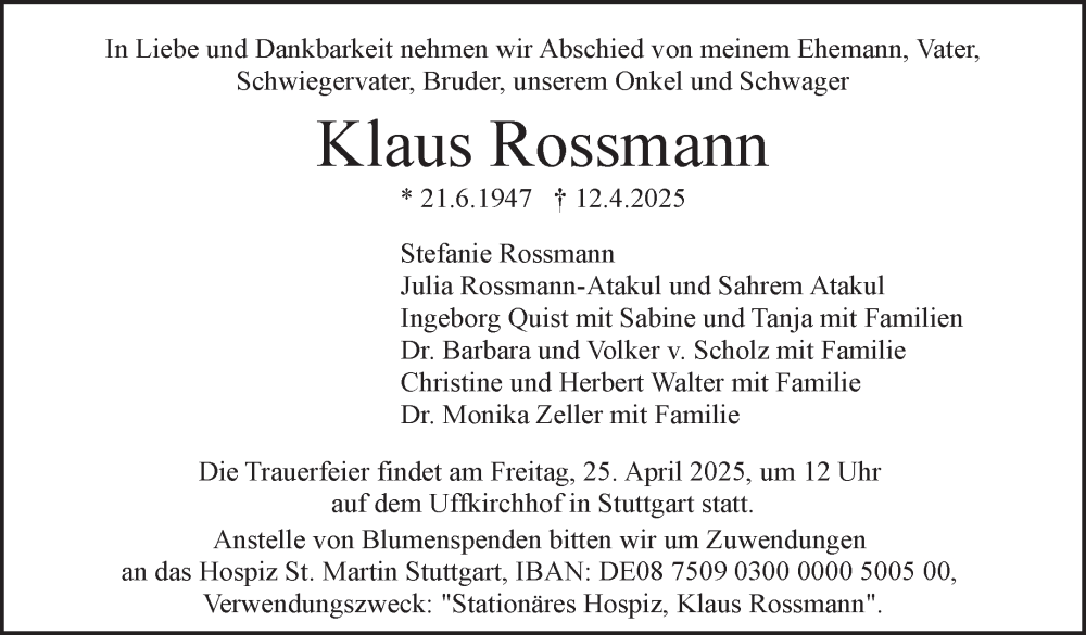  Traueranzeige für Klaus Rossmann vom 22.04.2025 aus Stuttgarter Zeitung / Stuttgarter Nachrichten