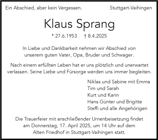Traueranzeige von Klaus Sprang von Stuttgarter Zeitung / Stuttgarter Nachrichten