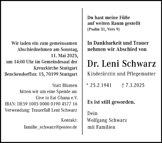 Traueranzeige von Leni Schwarz von Stuttgarter Zeitung / Stuttgarter Nachrichten