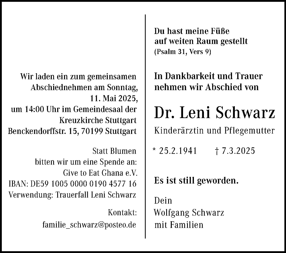  Traueranzeige für Leni Schwarz vom 29.04.2025 aus Stuttgarter Zeitung / Stuttgarter Nachrichten