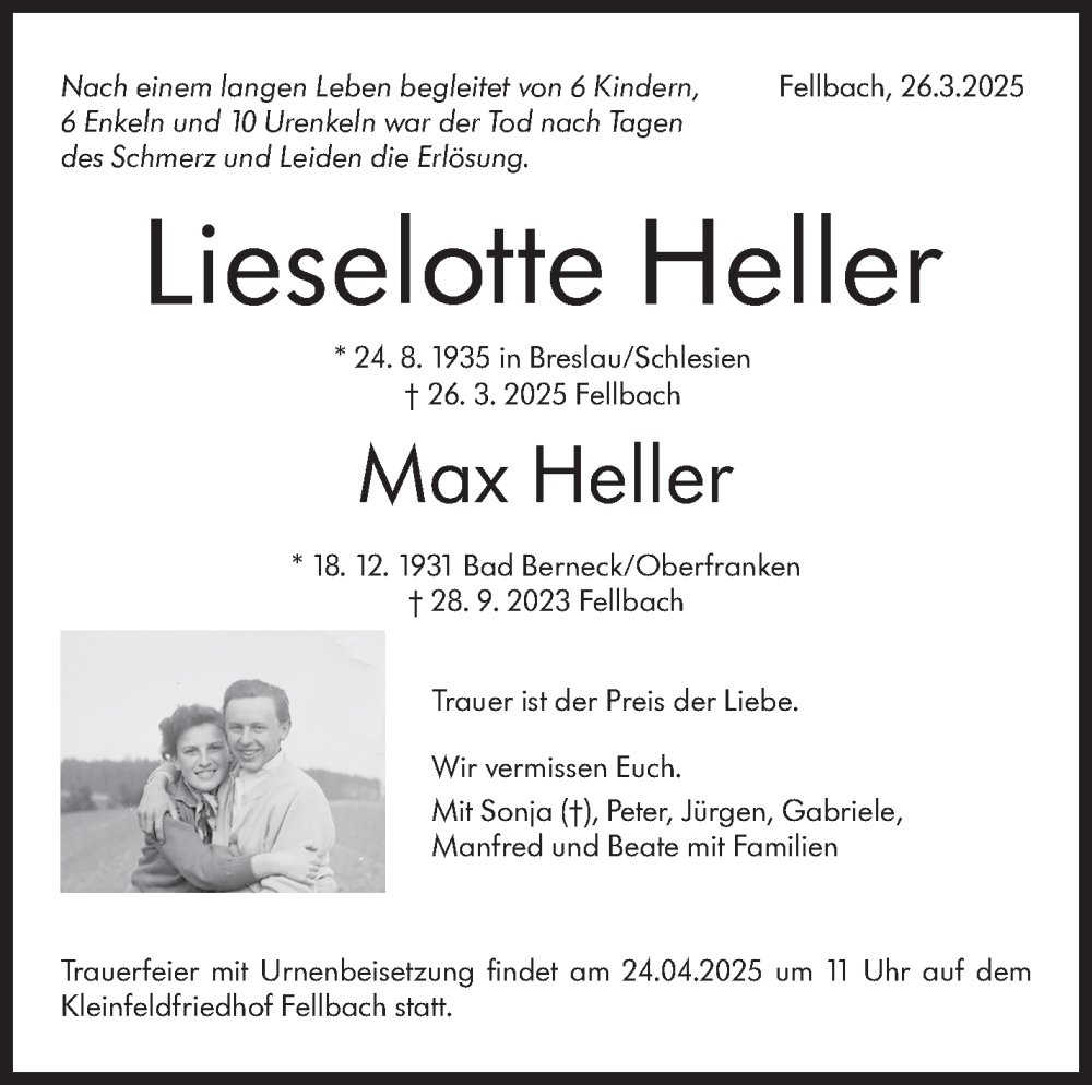  Traueranzeige für Lieselotte Heller vom 03.04.2025 aus Stuttgarter Zeitung / Stuttgarter Nachrichten