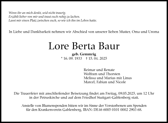 Traueranzeige von Lore  Baur von Stuttgarter Zeitung / Stuttgarter Nachrichten