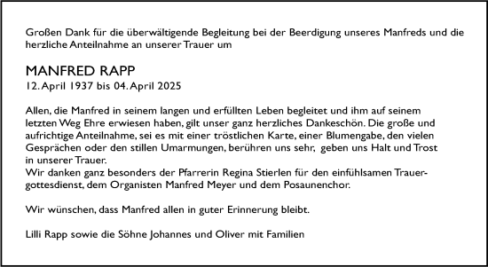 Traueranzeige von Manfred Rapp von Stuttgarter Zeitung / Stuttgarter Nachrichten