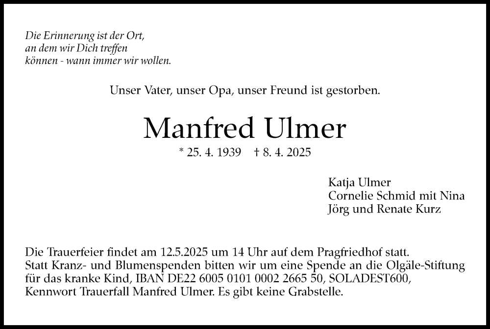  Traueranzeige für Manfred Ulmer vom 26.04.2025 aus Stuttgarter Zeitung / Stuttgarter Nachrichten