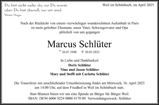 Traueranzeige von Marcus Schlüter von Stuttgarter Zeitung / Stuttgarter Nachrichten