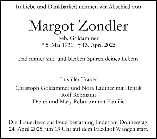 Traueranzeige von Margot Zondler von Stuttgarter Zeitung / Stuttgarter Nachrichten