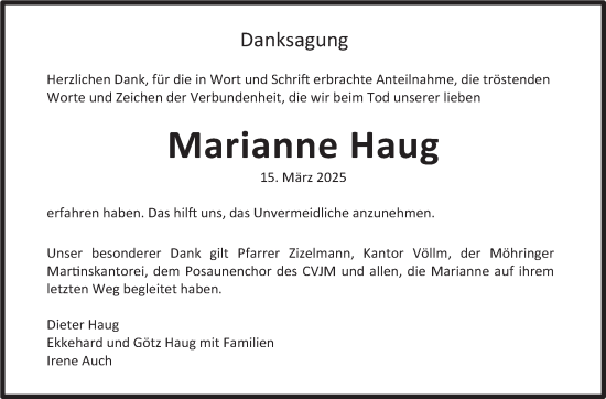 Traueranzeige von Marianne Haug von Stuttgarter Zeitung / Stuttgarter Nachrichten