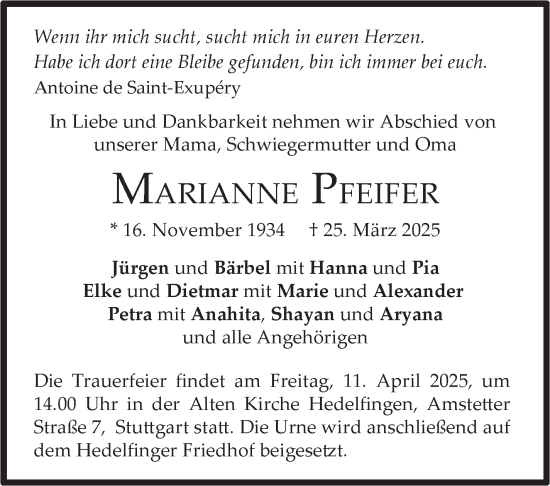 Traueranzeige von Marianne Pfeifer von Stuttgarter Zeitung / Stuttgarter Nachrichten