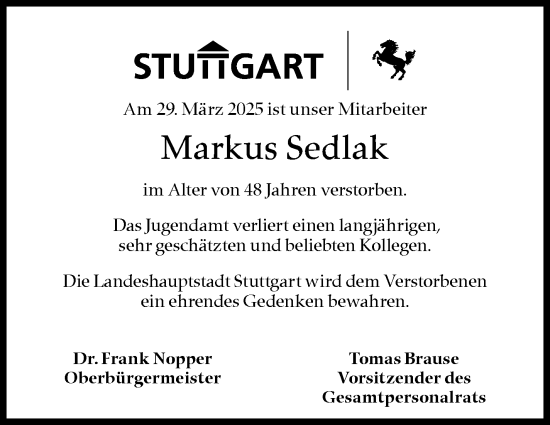 Traueranzeige von Markus Sedlak von Stuttgarter Zeitung / Stuttgarter Nachrichten