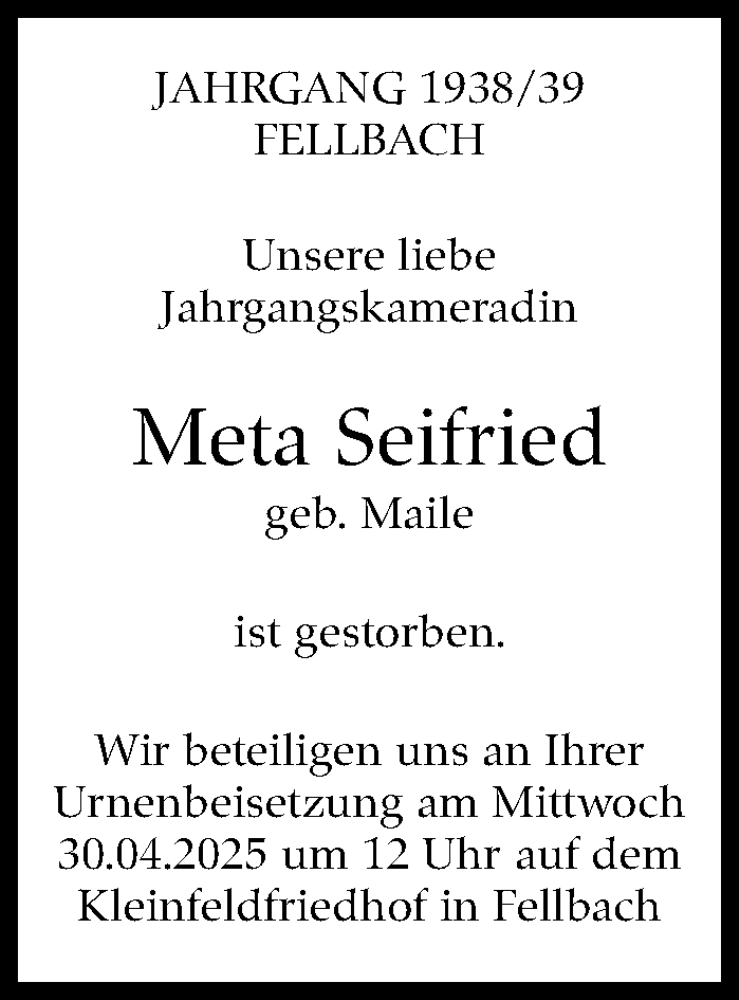 Traueranzeige für Meta Seifried vom 29.04.2025 aus Stuttgarter Zeitung / Stuttgarter Nachrichten