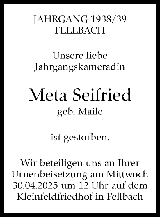Traueranzeige von Meta Seifried von Stuttgarter Zeitung / Stuttgarter Nachrichten