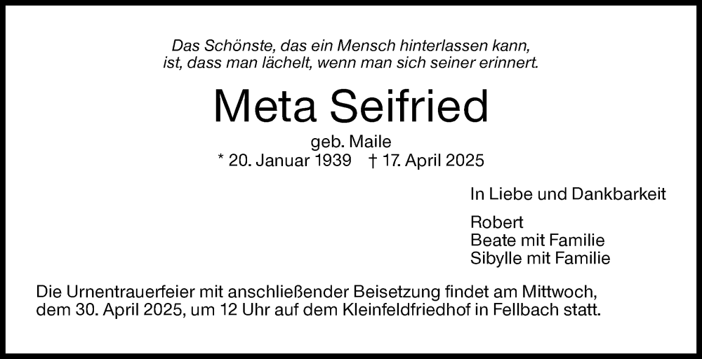  Traueranzeige für Meta Seifried vom 25.04.2025 aus Stuttgarter Zeitung / Stuttgarter Nachrichten