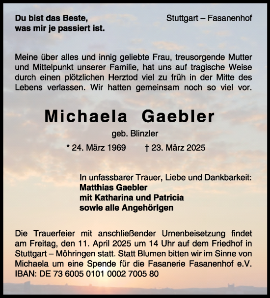 Traueranzeige von Michaela Gaebler von Stuttgarter Zeitung / Stuttgarter Nachrichten