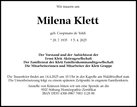 Traueranzeige von Milena Klett von Stuttgarter Zeitung / Stuttgarter Nachrichten