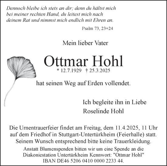 Traueranzeige von Ottmar Hohl von Stuttgarter Zeitung / Stuttgarter Nachrichten