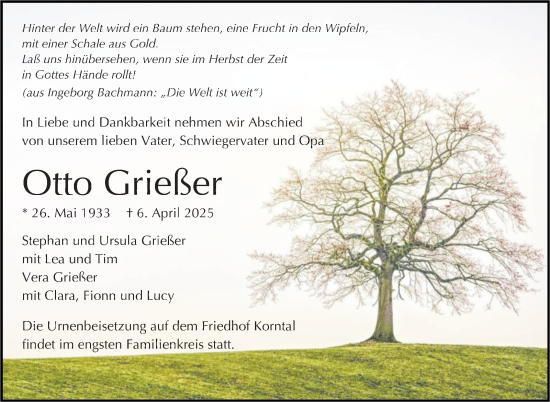 Traueranzeige von Otto Grießer von Stuttgarter Zeitung / Stuttgarter Nachrichten