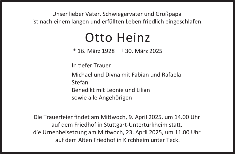  Traueranzeige für Otto Heinz vom 05.04.2025 aus Stuttgarter Zeitung / Stuttgarter Nachrichten