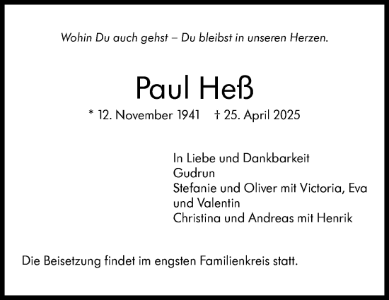 Traueranzeige von Paul Heß von Stuttgarter Zeitung / Stuttgarter Nachrichten