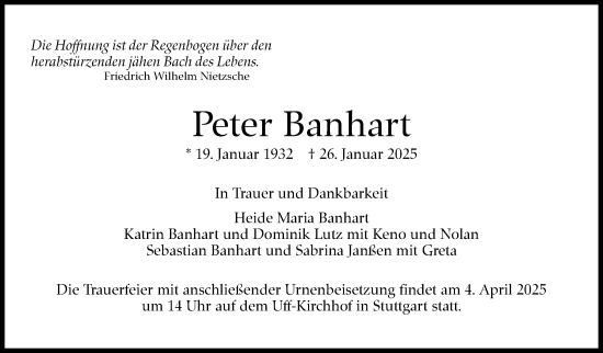 Traueranzeige von Peter Banhart von Stuttgarter Zeitung / Stuttgarter Nachrichten